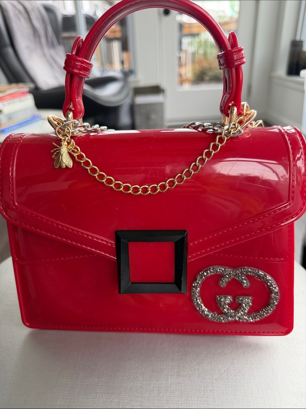 Red Patent Top-Handle Womens Bag with Gold Chain and Crystal Accent